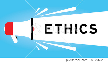 Color megphone icon with word ethics in white banner on blue background Color megphone icon with word ethics in white banner on blue background 85796348