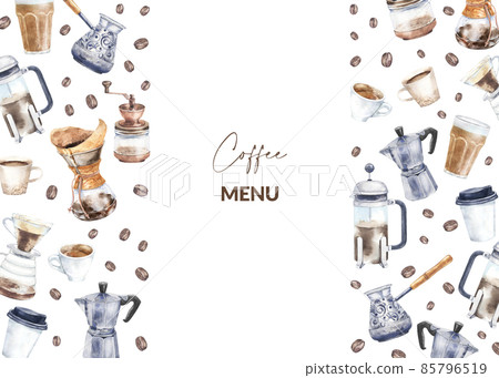 Watercolor coffee menu for cafe, label and card design. Hand drawn illustration of morning caffeine drink. 85796519