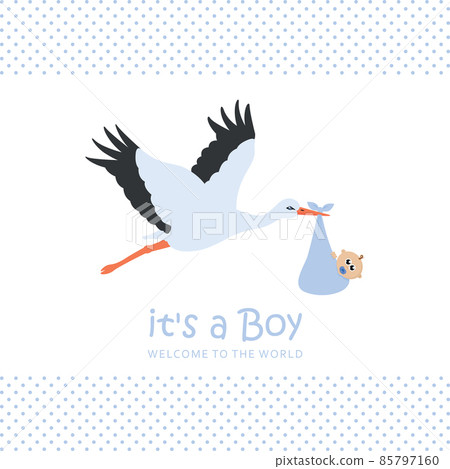baby boy welcome greeting card with stork for childbirth 85797160