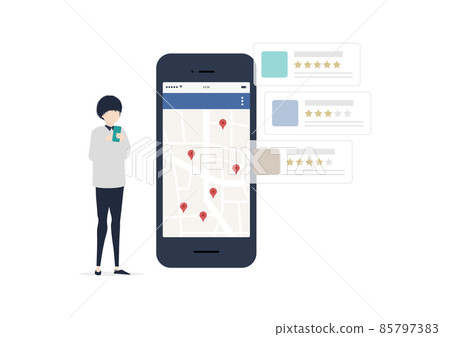 一名日本年輕人在智能手機上進行地圖搜索/地圖搜索的插圖素材 85797383