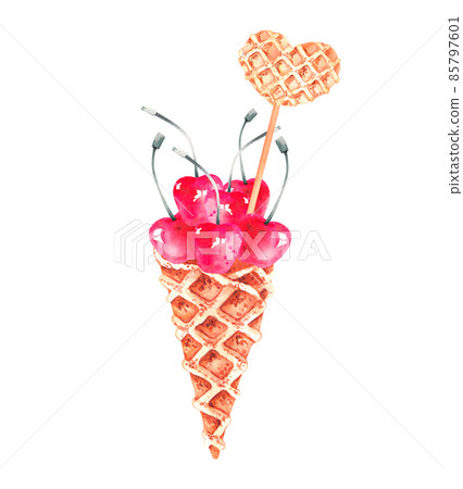 Watercolor cherry cone, heart-shaped waffle for Valentine's Day 85797601