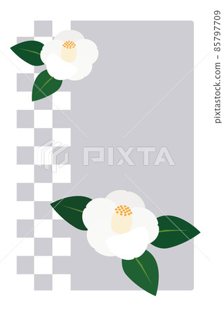 Illustration of a visit during the cold: camellia and checkered pattern Illustration of a visit during the cold: camellia and checkered pattern 85797709