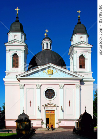 Chernivtsi , Ukraine: Cathedral of the Holy Spirit Church in Chernivtsi. This large pink religious building is an Eastern Orthodox church. 85798360