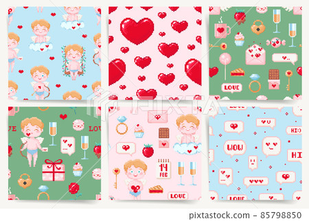 Valentine day seamless pattern set. Best for fabric or paper decorative design. Square vector pattern with cupid boy angel, chocolate, love letters, sweets and strawberries. Sexy 8 bit style pixel art 85798850