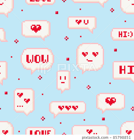 Valentine day seamless square pattern tile. Best for fabric or paper decorative design. Square vector pattern with romantic chat bubbles, text messages with hearts. 8 bit style pixel art background. 85798851