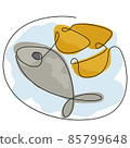 fish and chips on a plate on white background. Continuous line doodle illustration. Colorful sketch 85799648