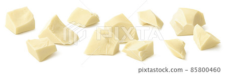 Broken white chocolate pieces isolated on white background. Set for package design. 85800460