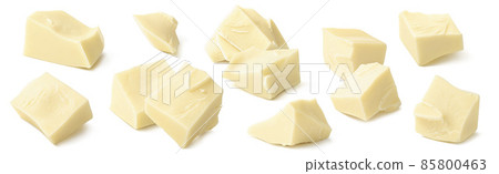 Broken white chocolate pieces isolated on white background. Package design set. Broken white chocolate pieces isolated on white background. Package design set. 85800463