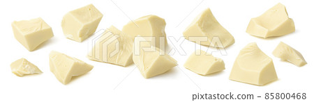 Big set of white chocolate pieces. Broken chunks isolated on white background. 85800468