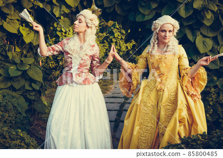 Portrait of two blonde woman dressed in historical Baroque clothes Portrait of two blonde woman dressed in historical Baroque clothes 85800485