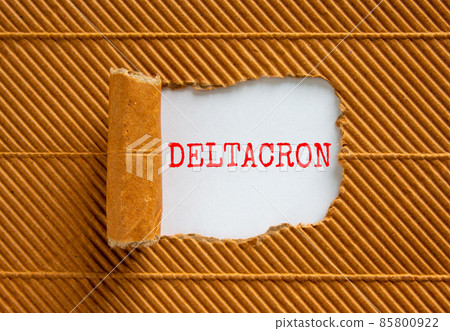 Covid-19 corona deltacron symbol. The concept word Deltacron appearing behind torn brown paper. Beautiful brown and white background. Medical, covid-19 corona deltacron variant concept. Copy space. 85800922