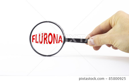 Covid-19 corona and flu flurona symbol. The concept word flurona. Magnifying glass. Doctor hand. Beautiful white table, white background. Medical covid-19 corona and flu flurona concept. Copy space. Covid-19 corona and flu flurona symbol. The concept word flurona. Magnifying glass. Doctor hand. Beautiful white table, white background. Medical covid-19 corona and flu flurona concept. Copy space. 85800925