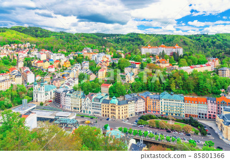 Karlovy Vary Carlsbad historical city centre top aerial view with colorful beautiful buildings 85801366