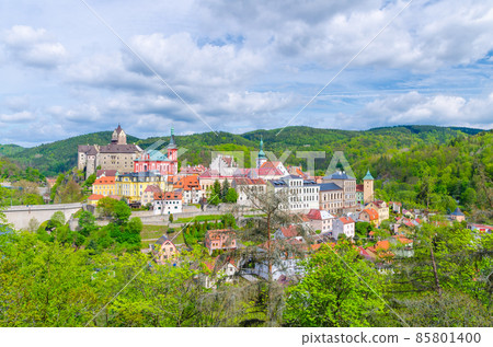 Aerial panoramic view of medieval Loket town with Loket Castle Hrad Loket 85801400