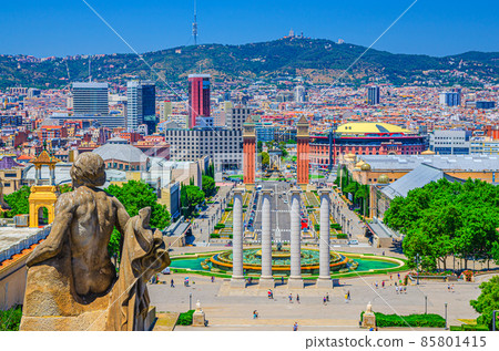 Cityscape of Barcelona with aerial view of Placa d'Espanya or Spain square with Torres Venecianes Venetian towers Cityscape of Barcelona with aerial view of Placa d'Espanya or Spain square with Torres Venecianes Venetian towers 85801415