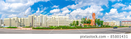 Panorama of Independence Square in Minsk city centre with Government House and Saints Simon and Helena Roman Catholic church Panorama of Independence Square in Minsk city centre with Government House and Saints Simon and Helena Roman Catholic church 85801431