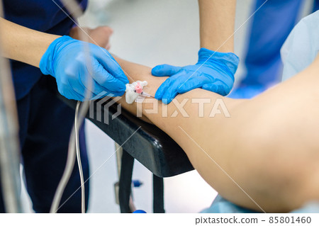 Installing a catheter for a medical dropper in the patient's arm. 85801460