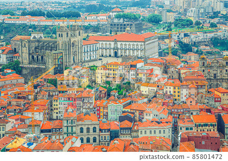 Aerial panoramic view of Porto Oporto city historical centre with red tiled roof typical buildings 85801472