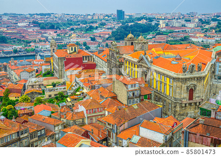 Aerial panoramic view of Porto Oporto city historical centre with red tiled roof typical buildings 85801473