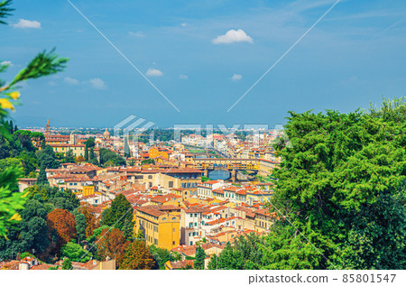 Top aerial panoramic view of Florence city historical centre with Ponte Vecchio bridge over Arno river 85801547