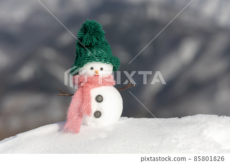 冬天山和綠色帽子的雪人 85801826