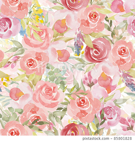 Watercolor botanical seamless pattern wild flowers and garden plants. Hand drawn leaves, pink flowers, herbs and natural elements. For birthday, wedding card, love, invitation, greeting, mother day. 85801828