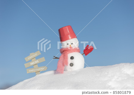 Snowman with snowy mountain and red hat 85801879