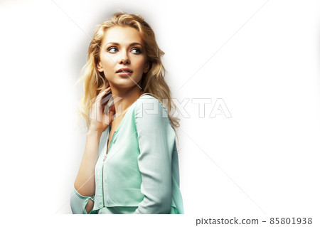 young pretty stylish blond girl posing emotional isolated on white background happy smiling cool smile, lifestyle people concept young pretty stylish blond girl posing emotional isolated on white background happy smiling cool smile, lifestyle people concept 85801938