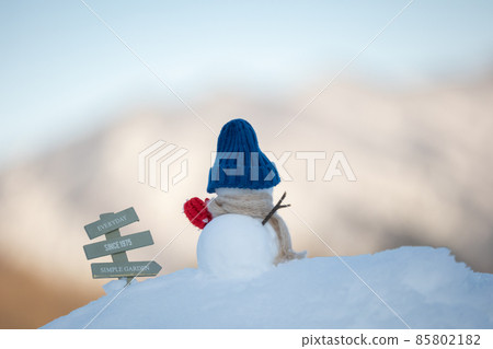 Rear view of snowy mountain and snowman Rear view of snowy mountain and snowman 85802182