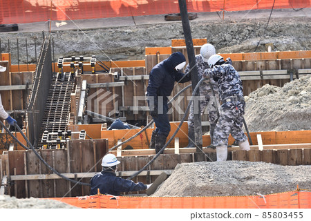 Construction site: Construction site of ready-mixed concrete for foundation 85803455
