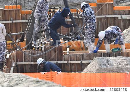 Construction site: Construction site of ready-mixed concrete for foundation Construction site: Construction site of ready-mixed concrete for foundation 85803458