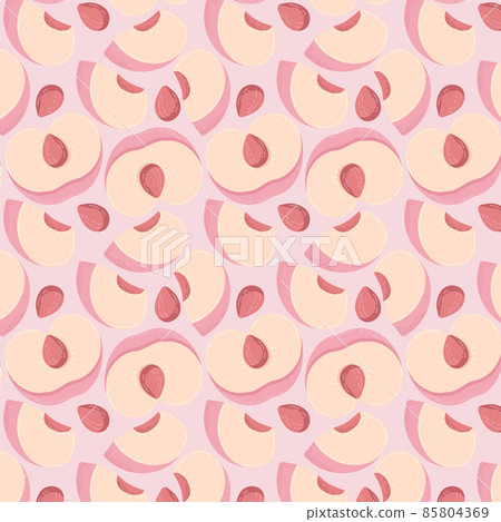 Fruit seamless pattern for textile products, peach pieces, bone and leaves in a flat style . Vector illustration Fruit seamless pattern for textile products, peach pieces, bone and leaves in a flat style . Vector illustration 85804369