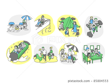 A set of happy families who enjoy summer vacation and long vacations. Warm hand-drawn portrait illustrations vector on a white background. 85804553