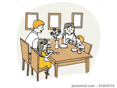 一家人在餐廳吃飯 愉快的暑假 溫暖的人插圖 矢量白色背景 85804559