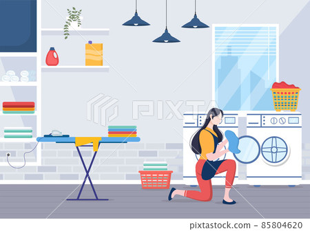 Laundry with Wash and Drying Machines in Flat Background Illustration. Dirty Cloth Lying in Basket and Women are Washing Clothes for Banner or Poster Laundry with Wash and Drying Machines in Flat Background Illustration. Dirty Cloth Lying in Basket and Women are Washing Clothes for Banner or Poster 85804620