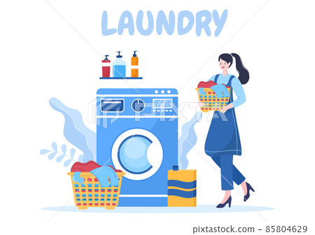 Laundry with Wash and Drying Machines in Flat Background Illustration. Dirty Cloth Lying in Basket and Women are Washing Clothes for Banner or Poster Laundry with Wash and Drying Machines in Flat Background Illustration. Dirty Cloth Lying in Basket and Women are Washing Clothes for Banner or Poster 85804629