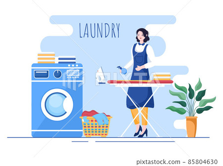 Laundry with Wash and Drying Machines in Flat Background Illustration. Dirty Cloth Lying in Basket and Women are Washing Clothes for Banner or Poster 85804630