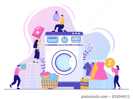 Laundry with Wash and Drying Machines in Flat Background Illustration. Dirty Cloth Lying in Basket and Women are Washing Clothes for Banner or Poster 85804631
