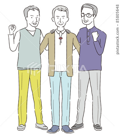Handwritten line drawing color illustration 3 male senior guts pose 85805648