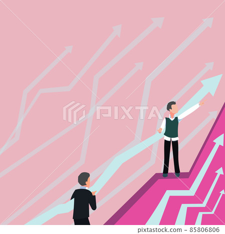 Arrows Guiding Two Collaborating Businessmen Towards Better Financial Plan. Colleagues Working Together Predicting Positive Marketplace Achievement. 85806806