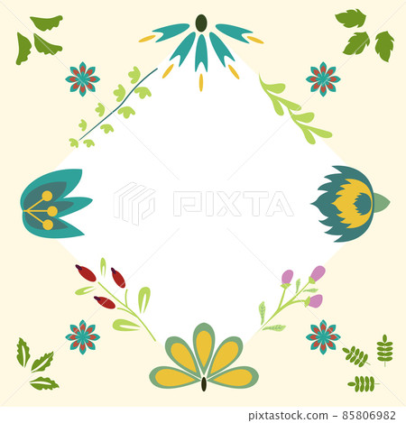 Blank Frame Decorated With Abstract Modernized Forms Flowers And Foliage. Empty Modern Border Surrounded By Multicolored Line Symbols Organized Pleasantly. 85806982