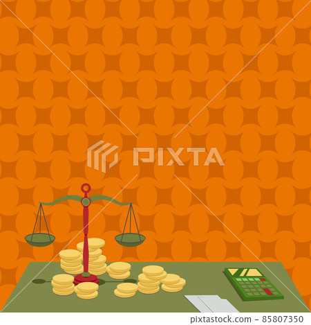 Balance Scale Surrounded By Coins Calculator Counting Financial Mortgages. Estimating Finances Through Calculation Measuring. Desk Presenting Money Getting Measured. 85807350