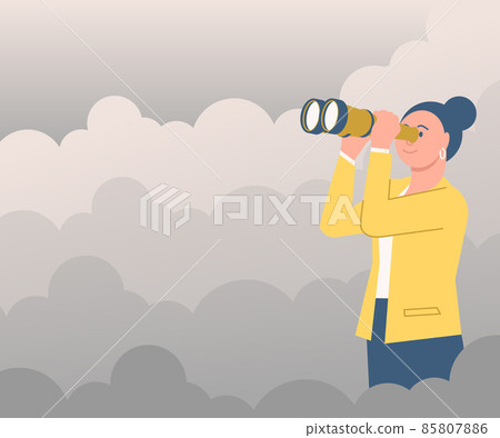 Woman Surrounded With Clouds Looking Through Hand Held Telescope Seeing New Opportunities. Lady Outdoors Using Binoculars Watching Into Aspirations Future Goals. Woman Surrounded With Clouds Looking Through Hand Held Telescope Seeing New Opportunities. Lady Outdoors Using Binoculars Watching Into Aspirations Future Goals. 85807886