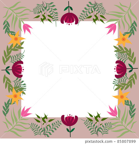 Blank Frame Decorated With Colorful Flowers And Foliage Arranged Harmoniously. Empty Poster Border Surrounded By Multicolored Bouquet Organized Pleasantly. Blank Frame Decorated With Colorful Flowers And Foliage Arranged Harmoniously. Empty Poster Border Surrounded By Multicolored Bouquet Organized Pleasantly. 85807899