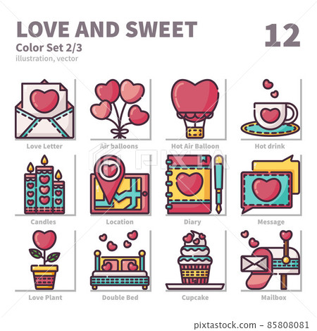 Love and Sweet icons set, Filled Outline and illustration set 2 85808081