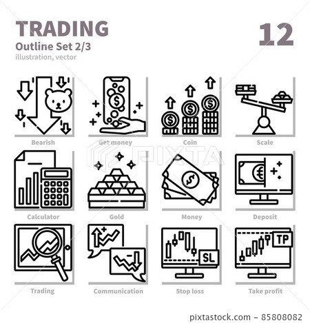 Trading icons set, Detailed Outline, vector and illustration set 2 85808082