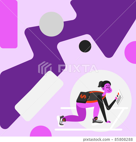 Woman Carrying Briefcase Reading Newspapers Preparing To Start Investing. Crouching Sprint Positioned Girl Holding Money Planning Next Investment. Woman Carrying Briefcase Reading Newspapers Preparing To Start Investing. Crouching Sprint Positioned Girl Holding Money Planning Next Investment. 85808288