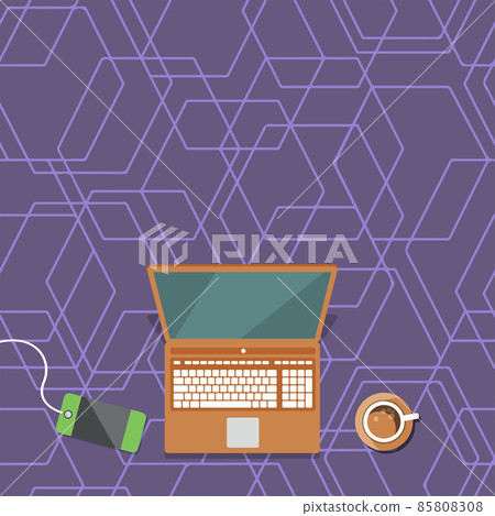 Laptop Resting On A Table Beside Coffee Mug And Plant Showing Work Process. Minicomputer Sitted Top Of Desk Next To Cup Along With Flower Displaying Remote Job Projects. 85808308