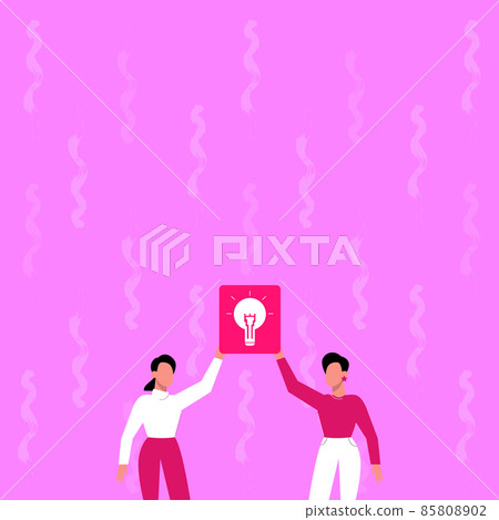 Two Colleagues Holding Lamp Presenting New Achievement Reached. Partners Raising Up Light Bulb Showing New Idea Discovered Sharing Discovery. 85808902