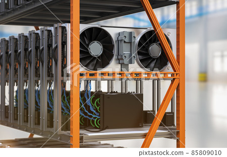 crypto mining farm with graphic card or gpu rack in warehouse crypto mining farm with graphic card or gpu rack in warehouse 85809010